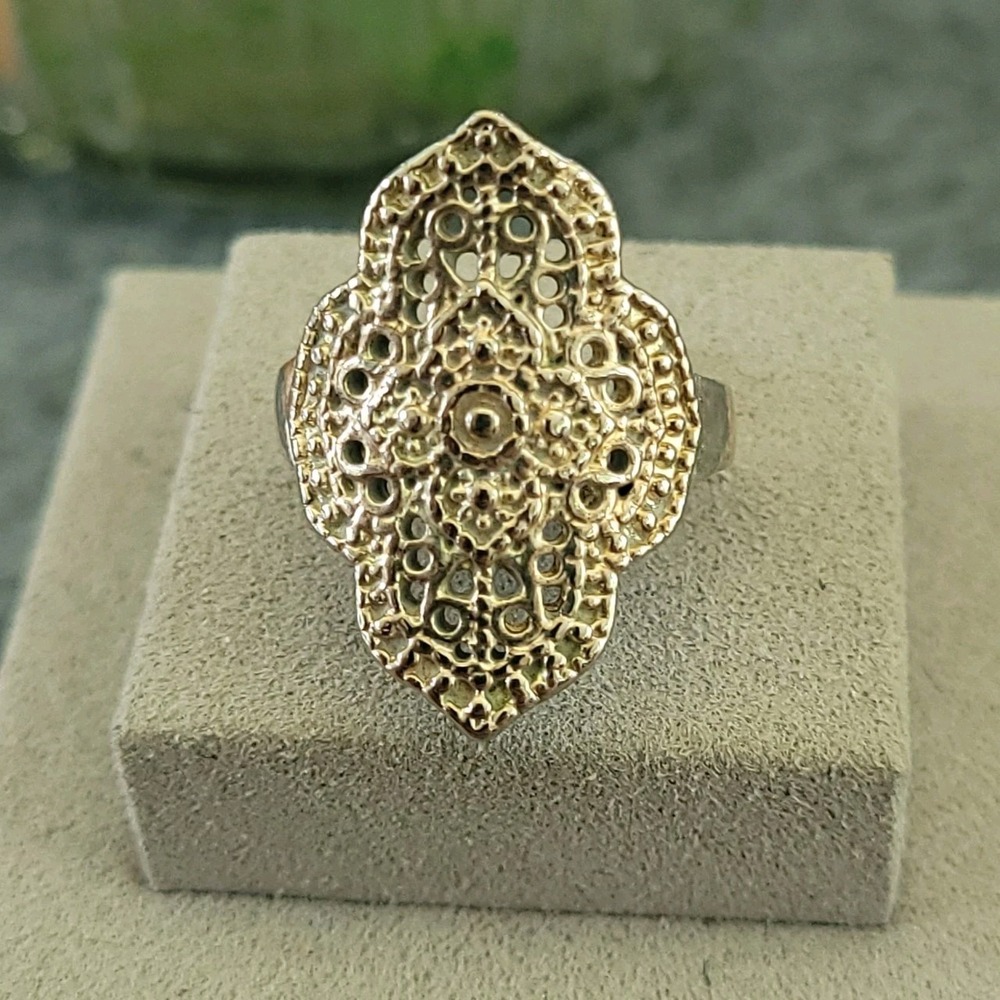 Vintage Ornate Filigree Silver Tone Statement Ring Size 6.25